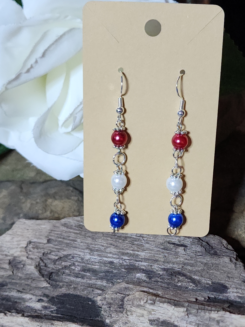 Hand Crafted Red White Blue Bead Drop Earrings